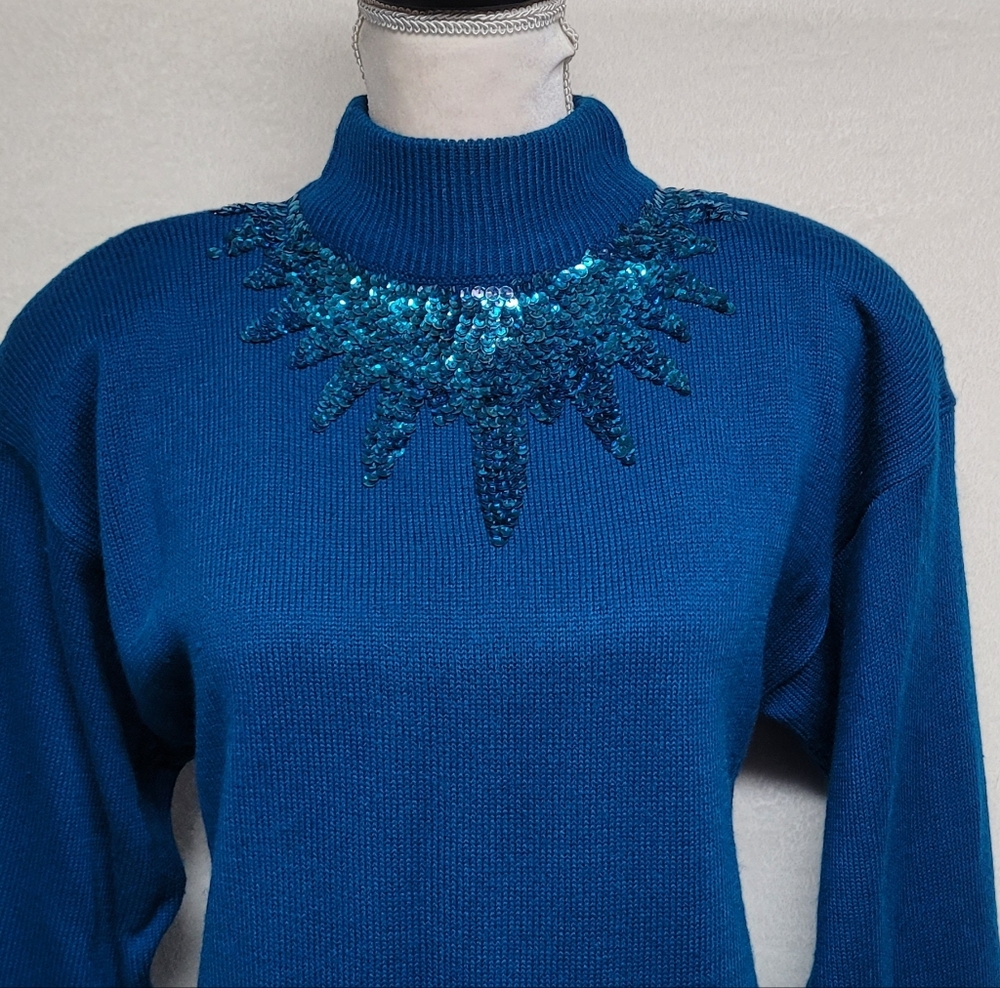 Deadstock Vintage 70s Darian Teal Sequin Starburst Mockneck Midi Sweater Dress M - Picture 3 of 12